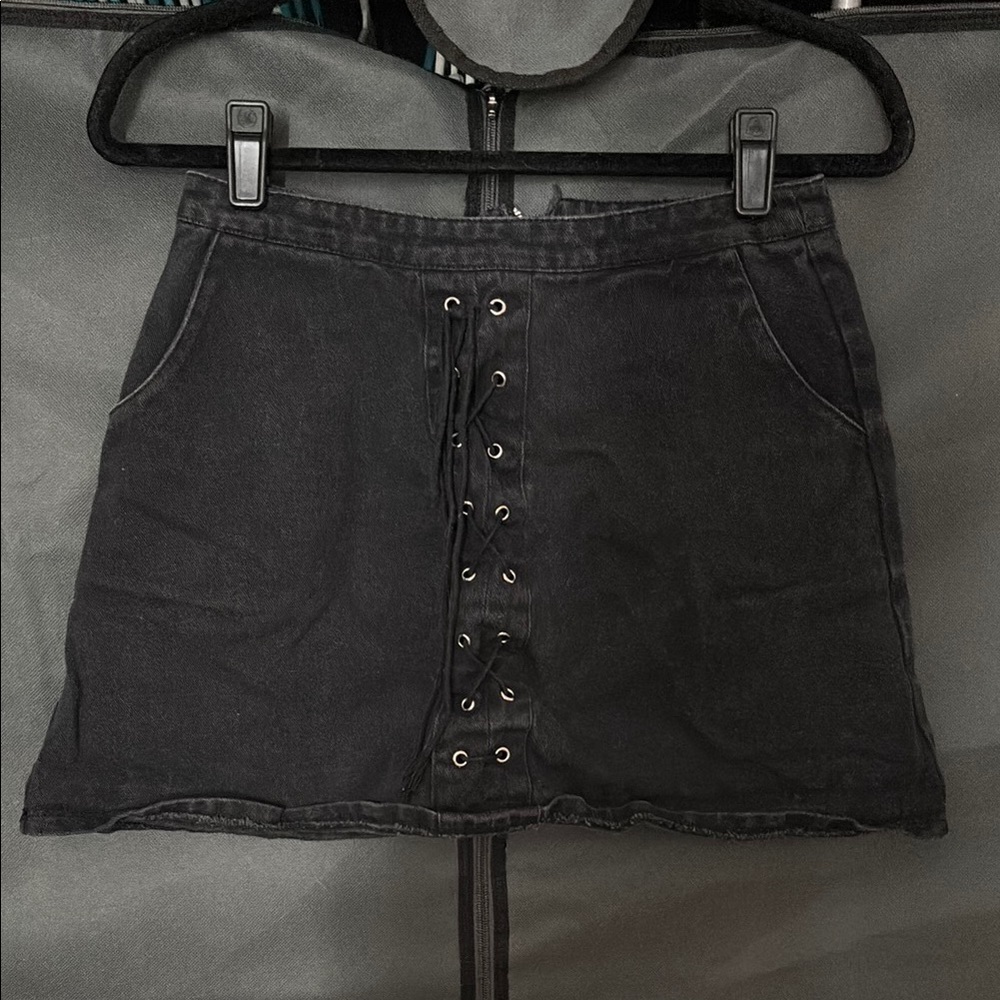 Black Lace-Up Denim Skirt